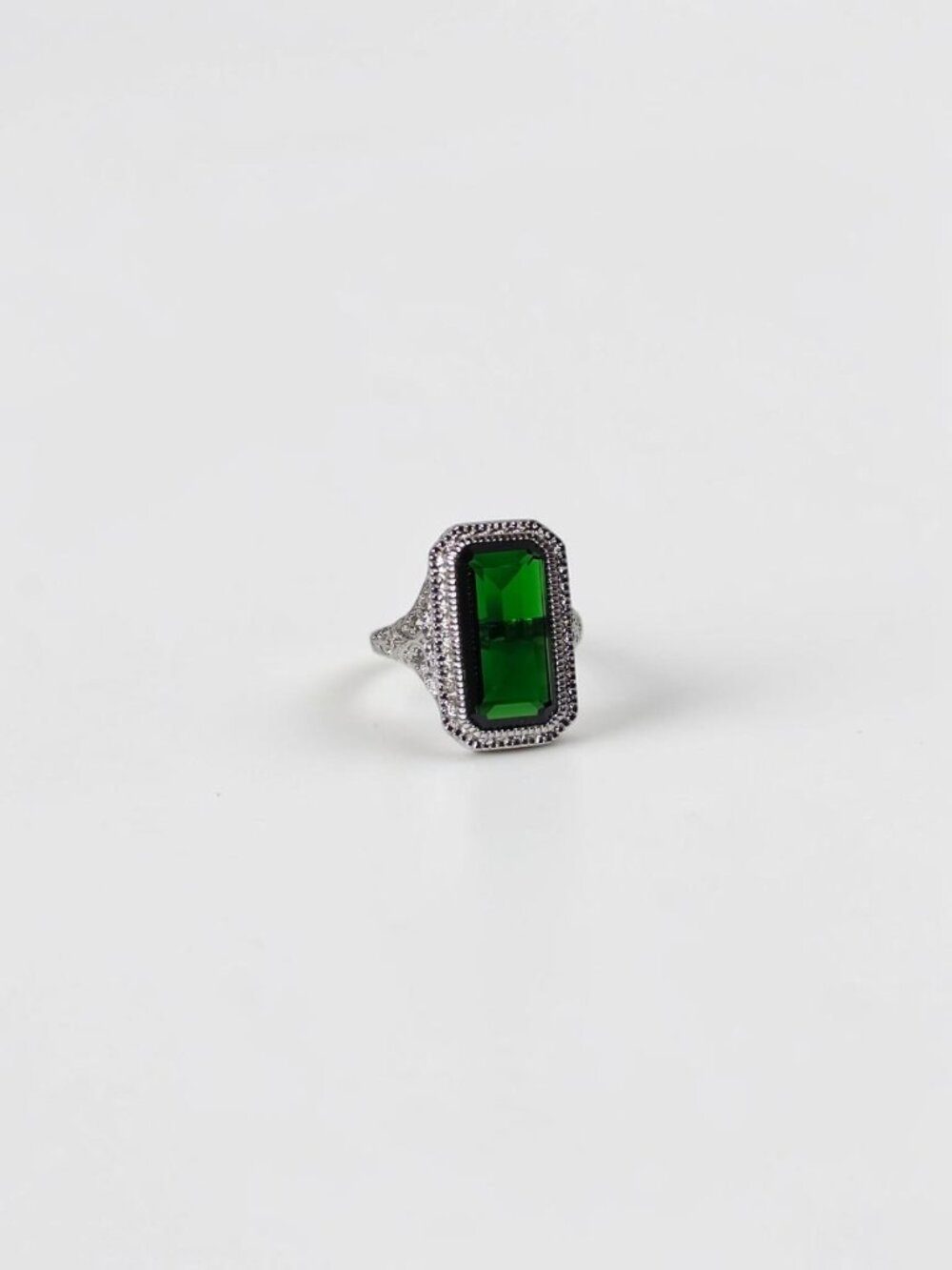 Vintage Art Deco Emerald Green CZ Radiant Cut Halo Filigree Ring Size 7